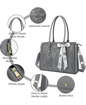 Gray 17-17.3 Inch PU Leather Laptop Tote Bag for Women - Compatible with MacBook, HP, Dell, Asus - Retro Hibiscus Embossed Computer Bag