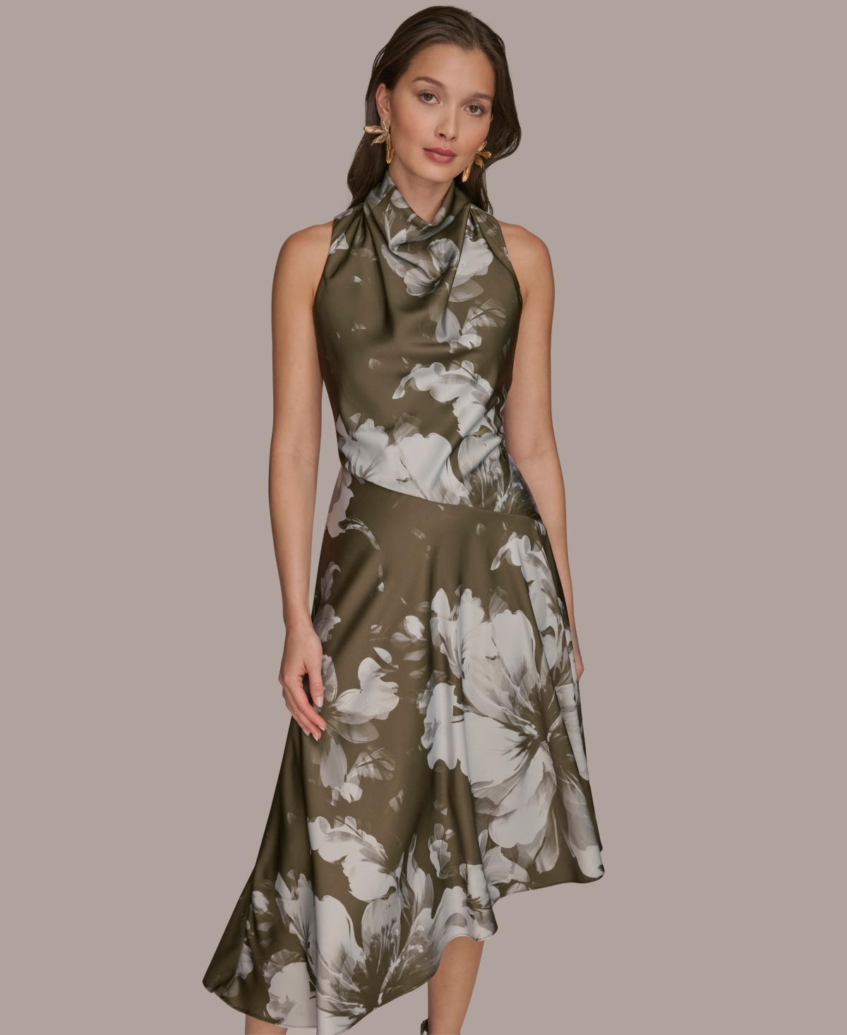 Donna Karan New York Floral Print Asymmetric Midi Dress In Green