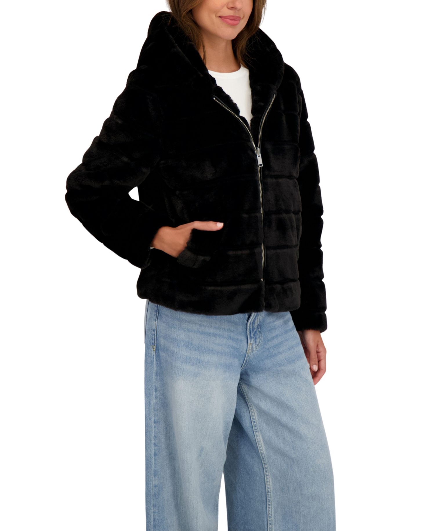 Women's Hooded Grooved Short Faux Fur Jacket