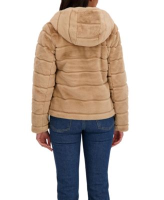 Women's Hooded Grooved Short Faux Fur Jacket