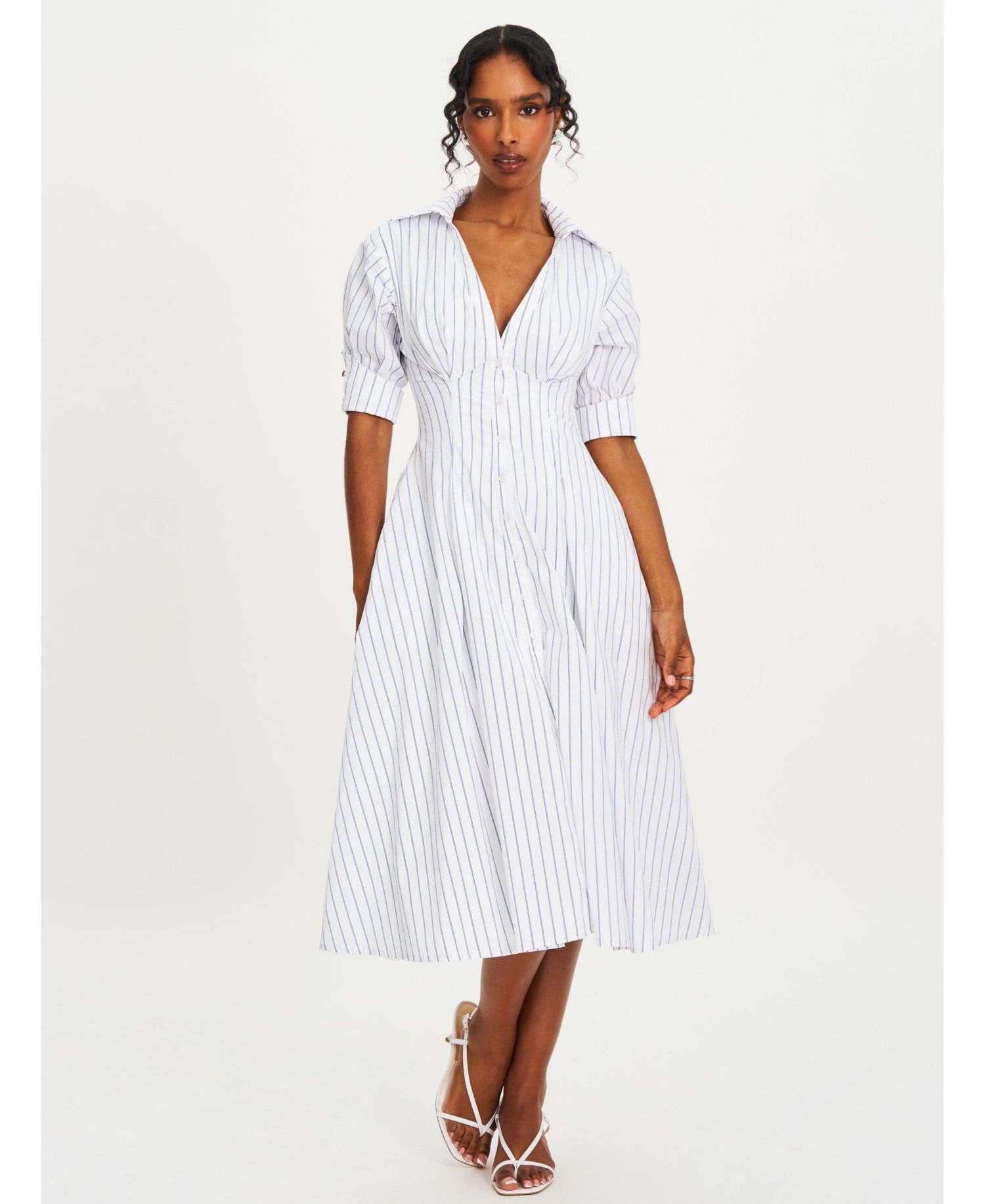 Women's Palina Pinstripes Cotton Poplin Pleated Midi Preppy Shirt Dress