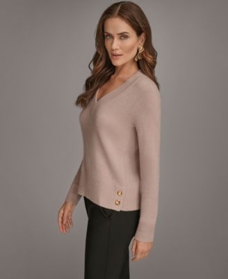 Women’s V-Neck Cashmere Sweater with Gold Button Detailing