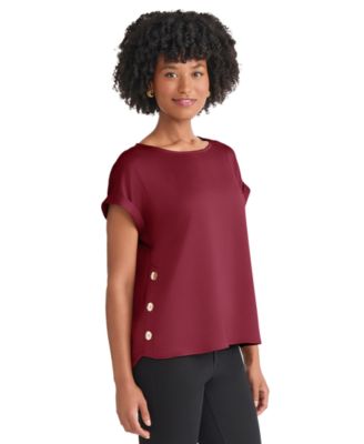 Petite Hammered Satin Button-Trim Blouse