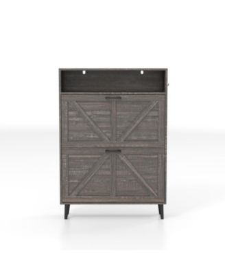 Storage Cabinet With Barn Door 2 Flip Drawers Freestanding Narrow Shoe Rack Cabinet With Hooks