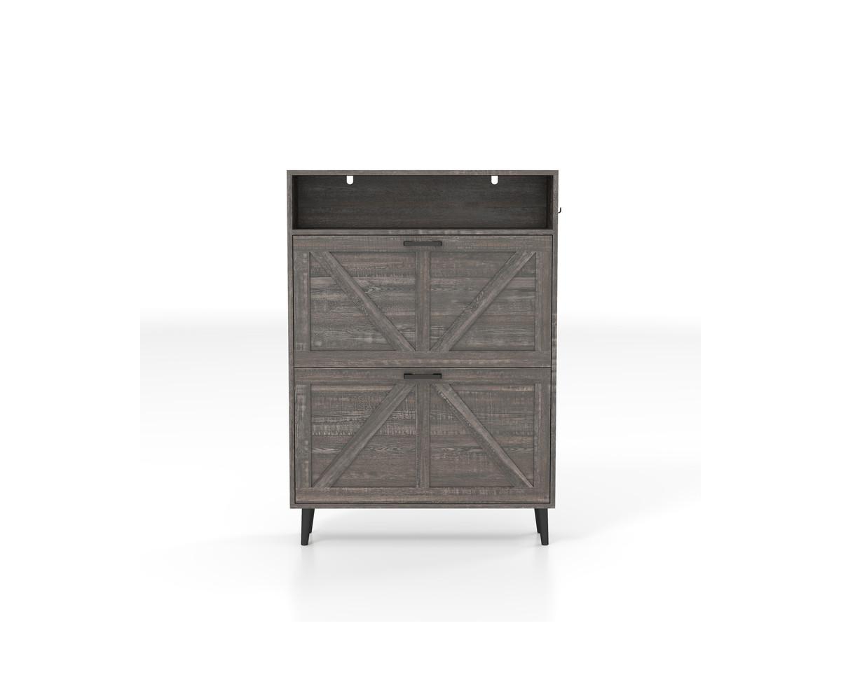 Storage Cabinet with Barn Door and 2 Flip Drawers, Freestanding Narrow Shoe Rack Cabinet with Hooks - Dark grey