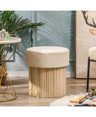 - White Boucl&eacute; Pouf with Storage Vintage Style Upholstery Living Room