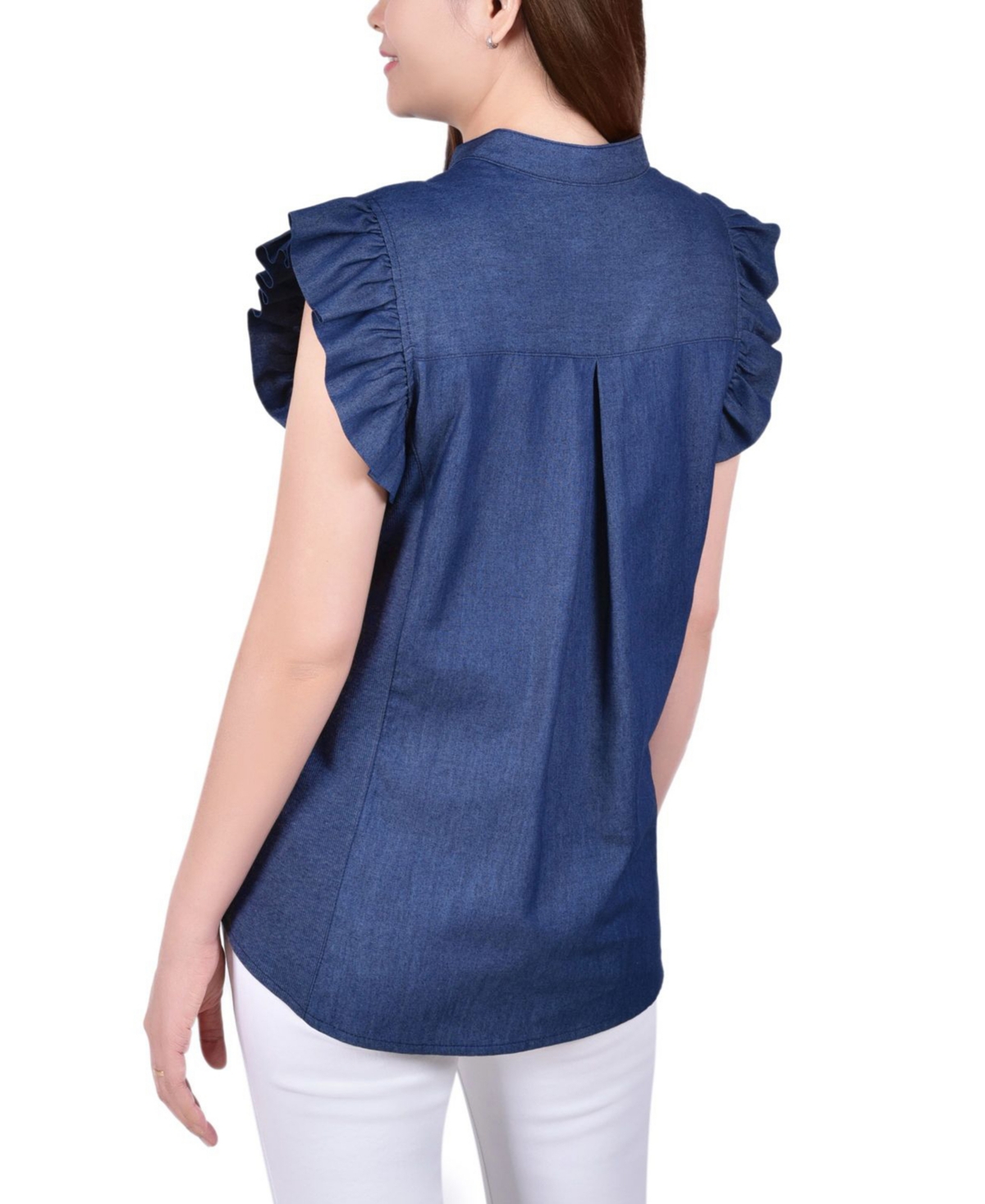 Ny Collection Petite Flutter Sleeve Chambray Top In Blue