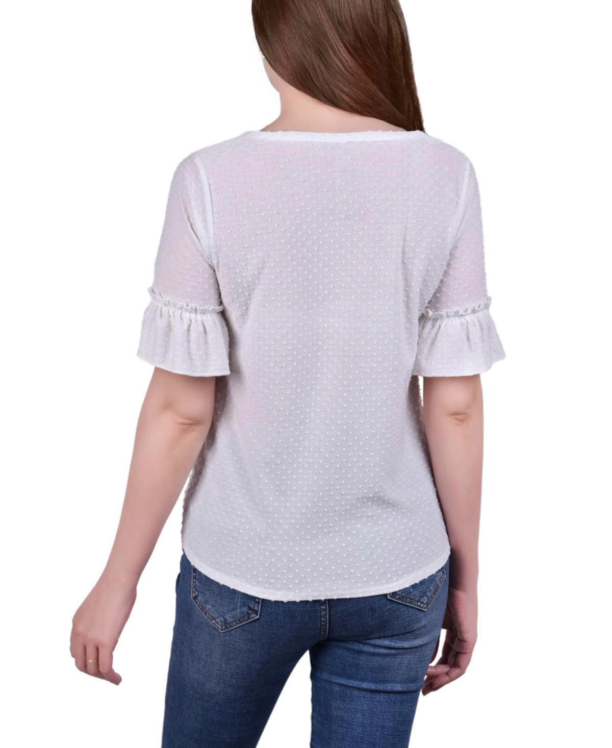 Ny Collection Petite Short Sleeve Tie Waist Swiss Dot Top In White