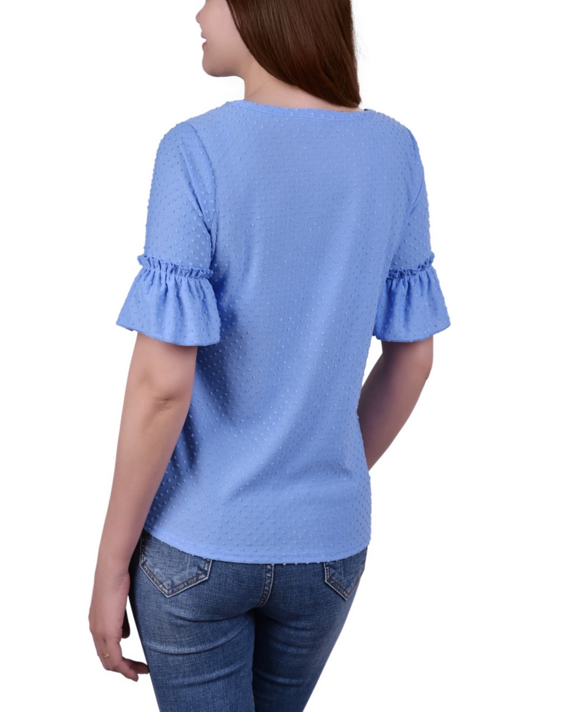Ny Collection Petite Short Sleeve Tie Waist Swiss Dot Top In Blue