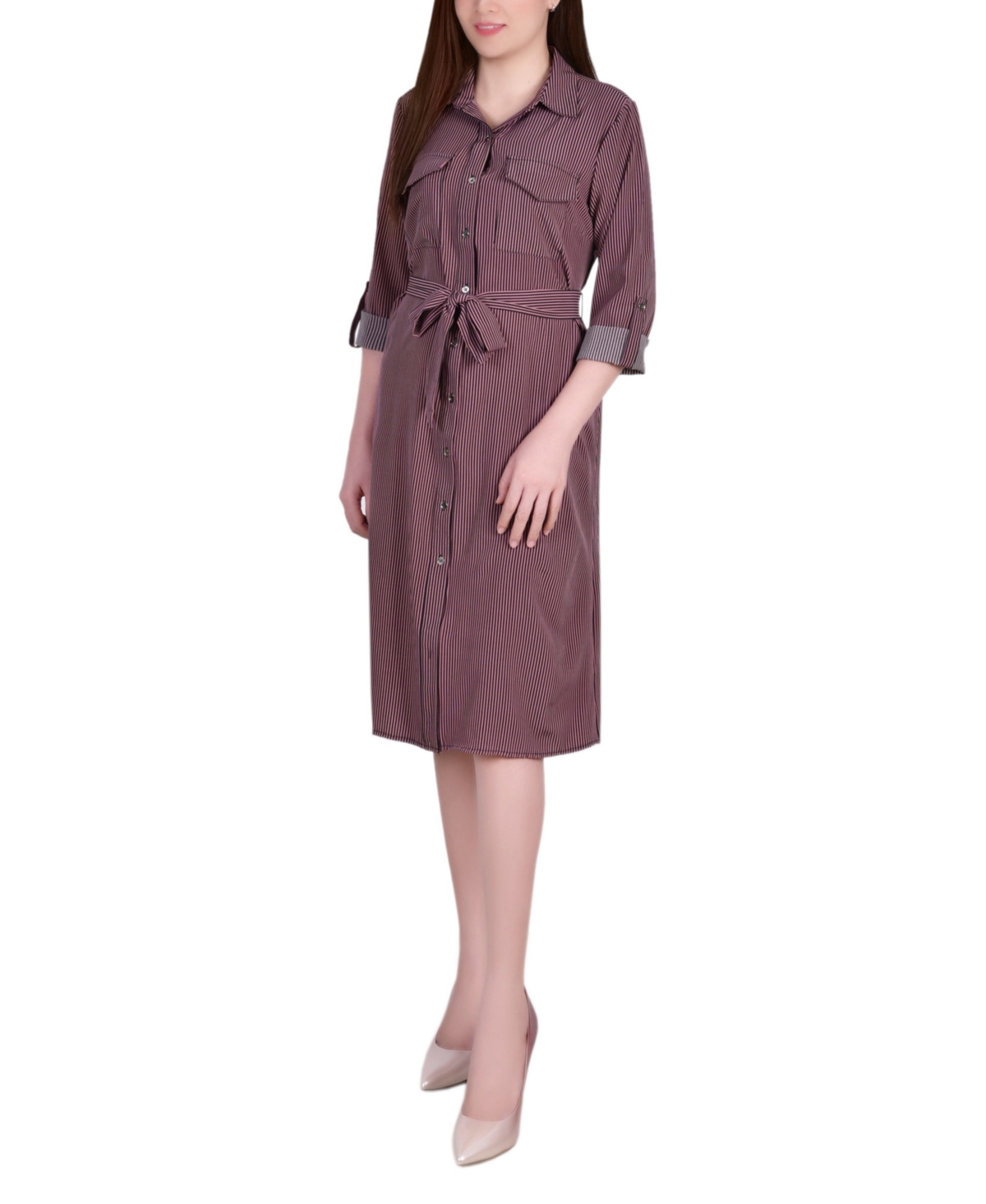 Ny Collection Petite Geometric Printed Long Sleeve Roll Tab Shirtdress In Brown