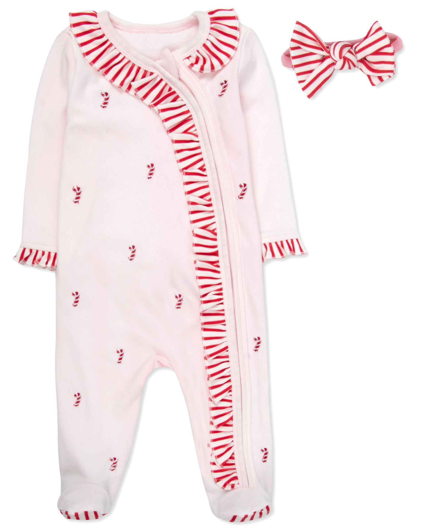 Комплекты Baby Essentials All Over Candy Cane Footie with Headband, 2-Piece Set для девочек-малышей, цвет: Розовый — фото 1