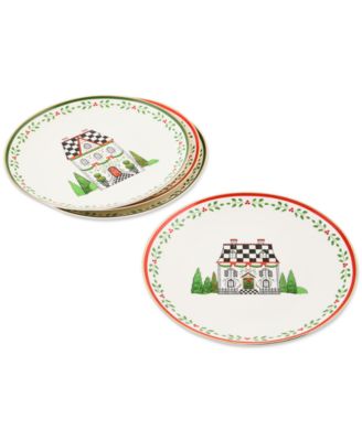 Holly Village Ceramic Dessert Plates, Set of 4