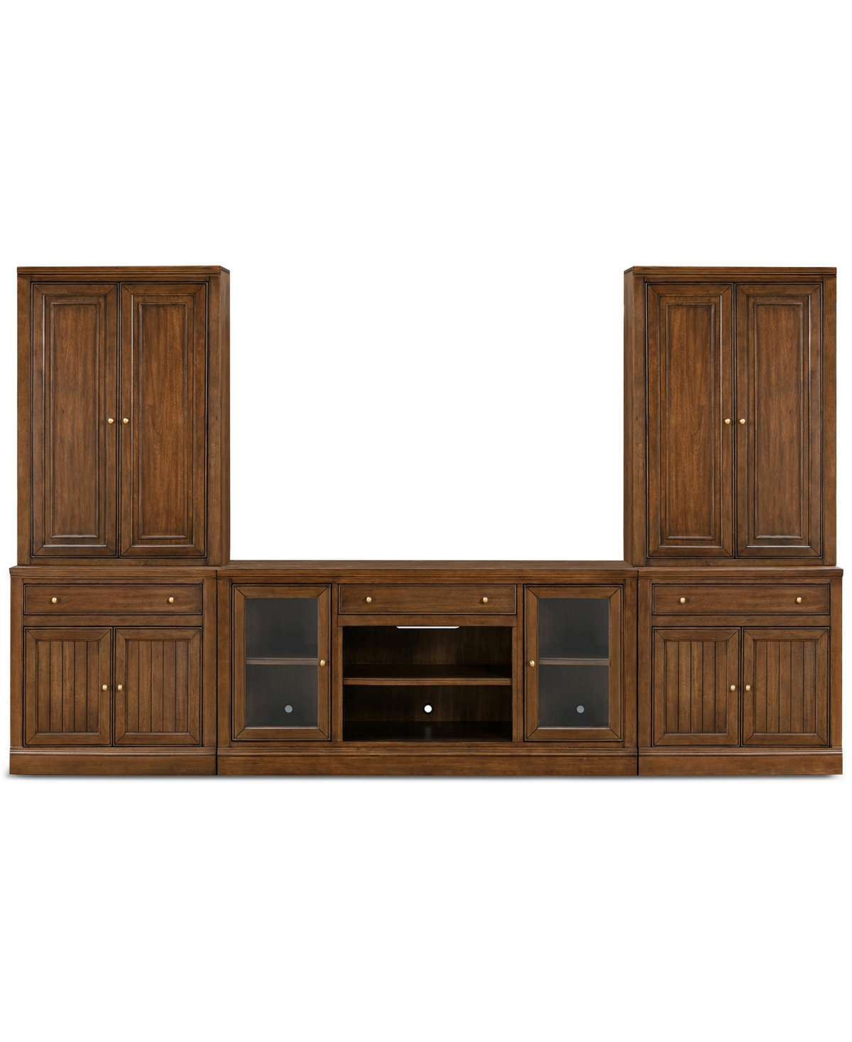 Macy's Amren 65" 2 Door Console With 2 Door Hutches And 2 Door Bases With Drawers And Fireplace Insert In Brown