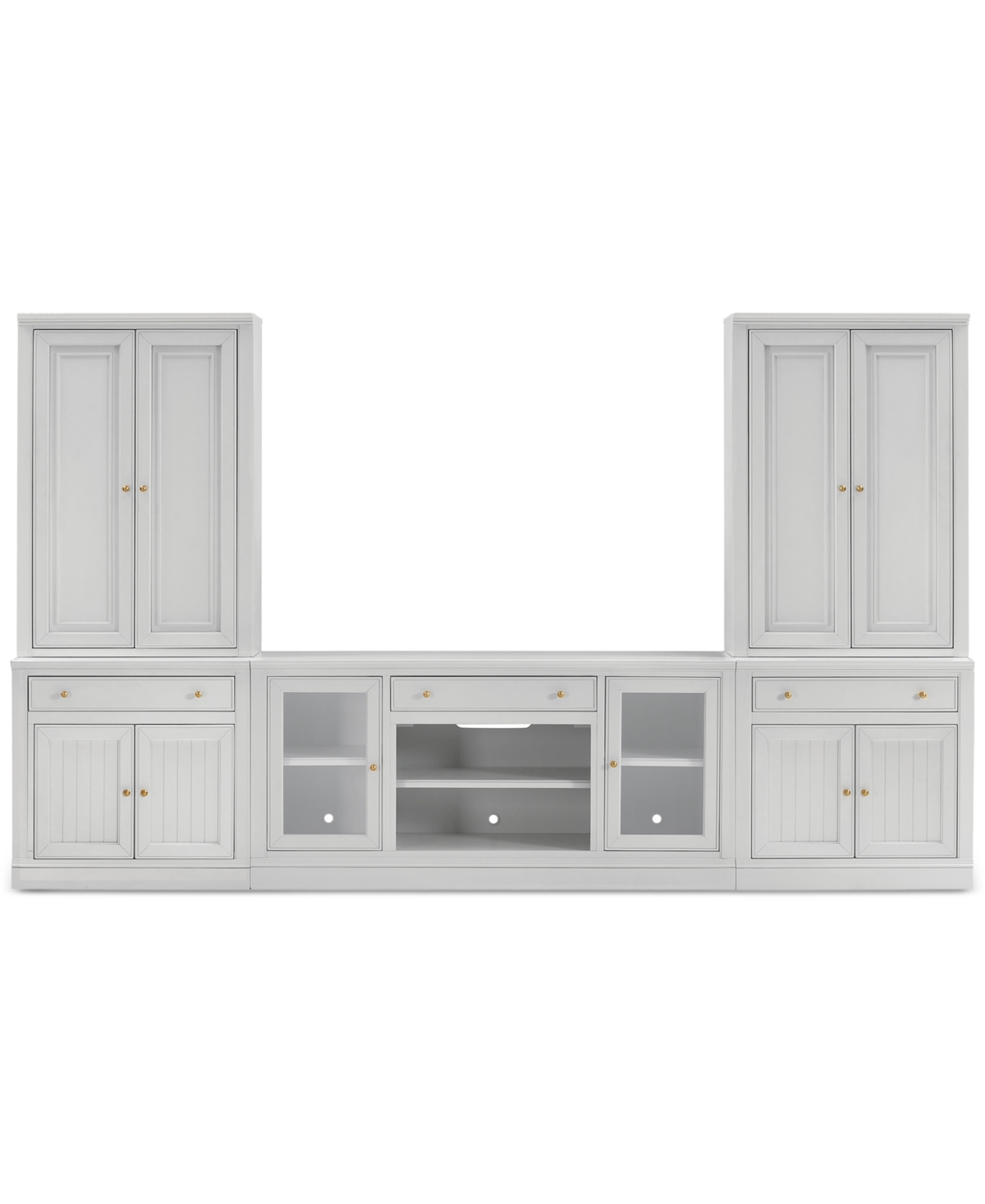 Macy's Amren 65" 2 Door Console With 2 Door Hutches And 2 Door Bases With Drawers And Fireplace Insert In White