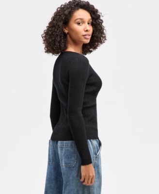 Juniors' V-Neck Ribbed Fine Gauge Flyaway Sweater
