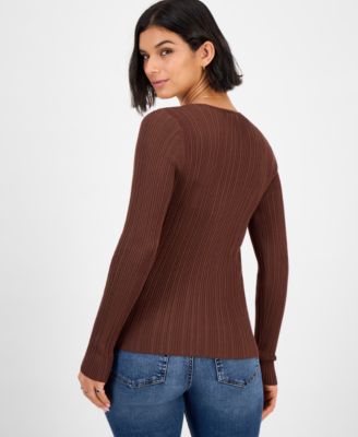 Juniors' V-Neck Ribbed Fine Gauge Flyaway Sweater