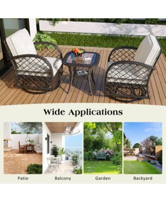 3-piece Outdoor Chair&Table Set Chat Set 2-person Rattan Seating Group with Two Swiveling and Rocking Chairs and a Square Table for Garden, Patio, or Balcony, Brown