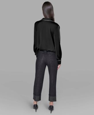 Petite Long Sleeve Crossover Woven Blouse