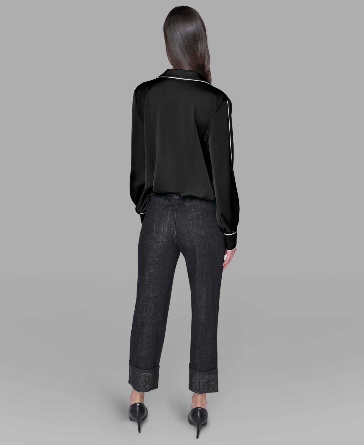 Karl Lagerfeld Petite Long Sleeve Crossover Woven Blouse In Black