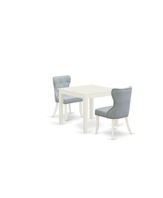 dining room table set of 2 great dining room chairs with Linen Fabric Baby Blue color and a gorgeous wood table with Linen White color