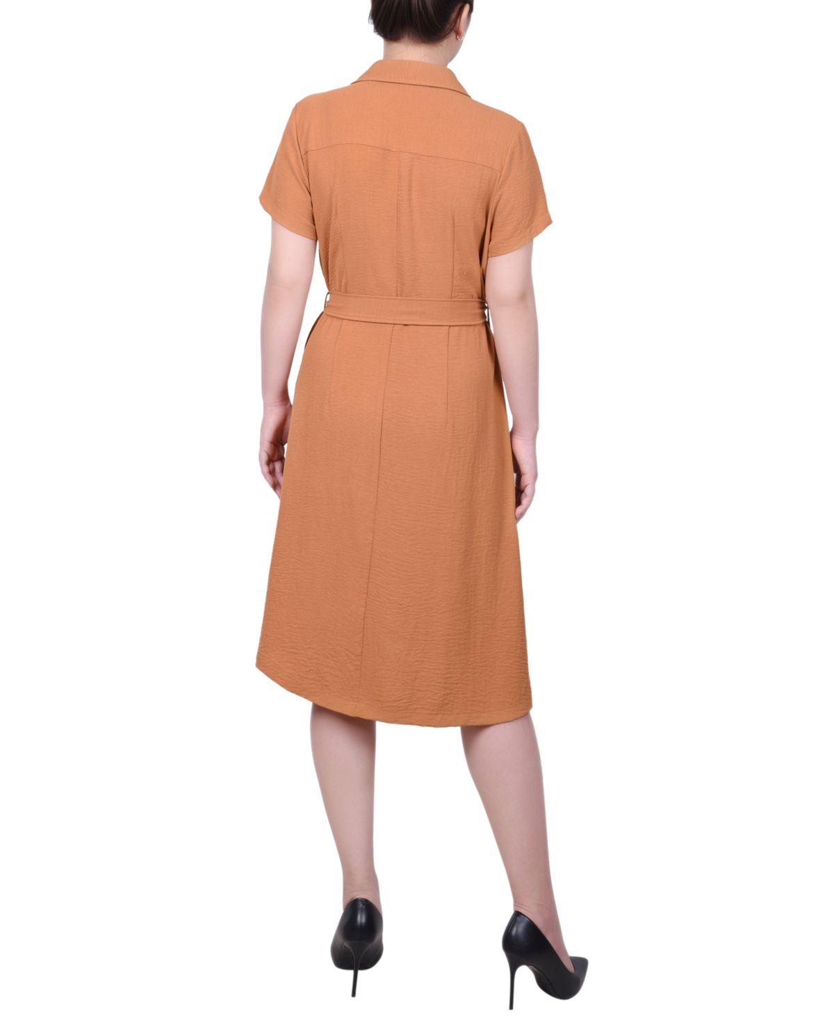 Ny Collection Petite Short Sleeve Belted Shirtdress In Gold
