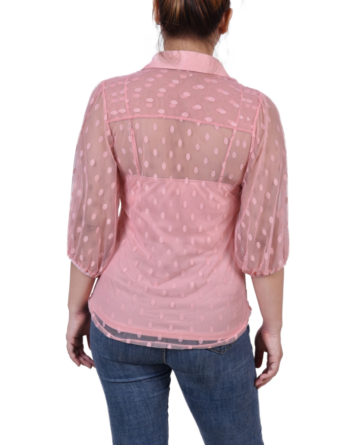 Ny Collection Petite Elbow Sleeve Clip Dot Top In Pink
