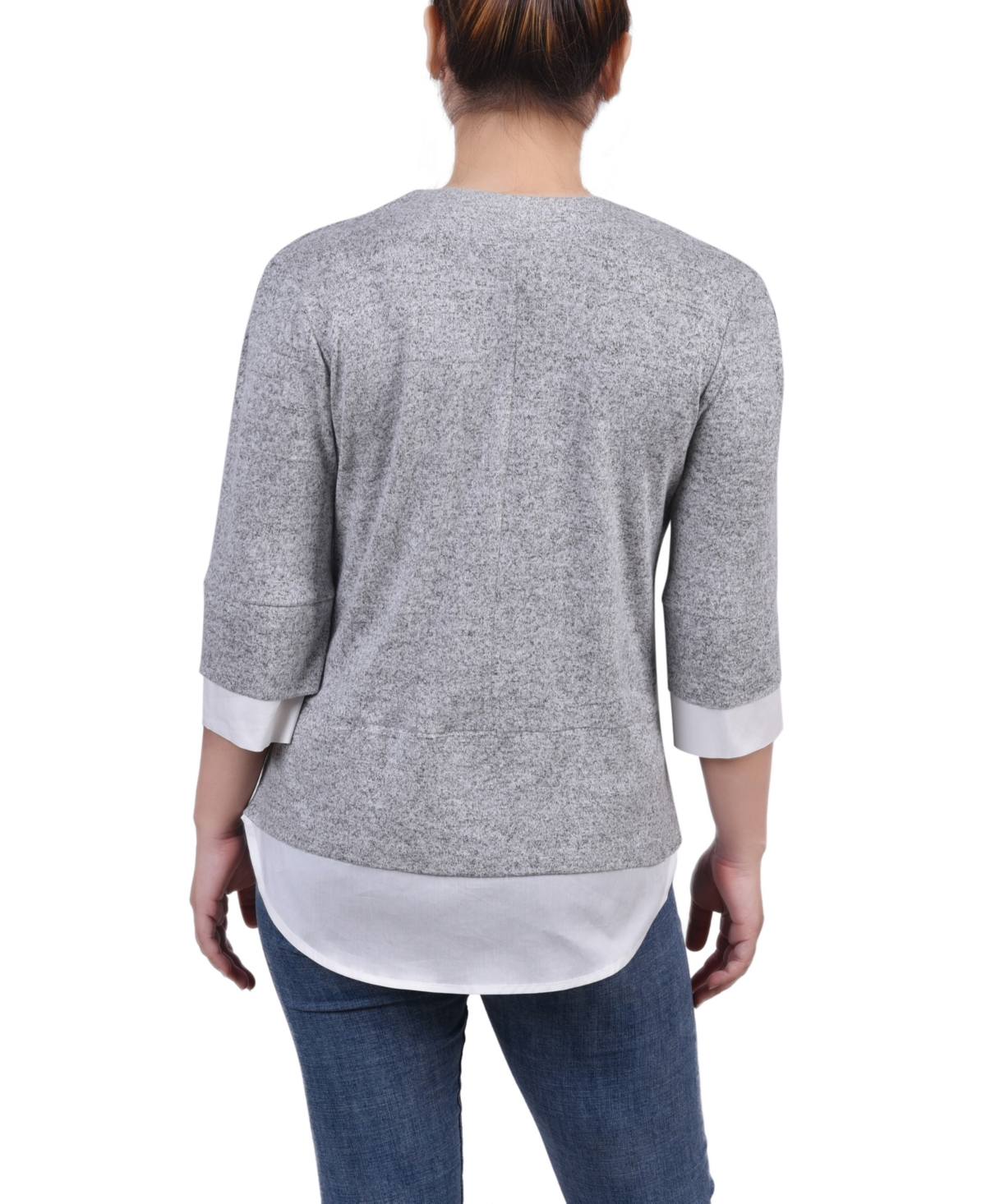 Ny Collection Petite Long Sleeve 2-in 1 Top In Gray