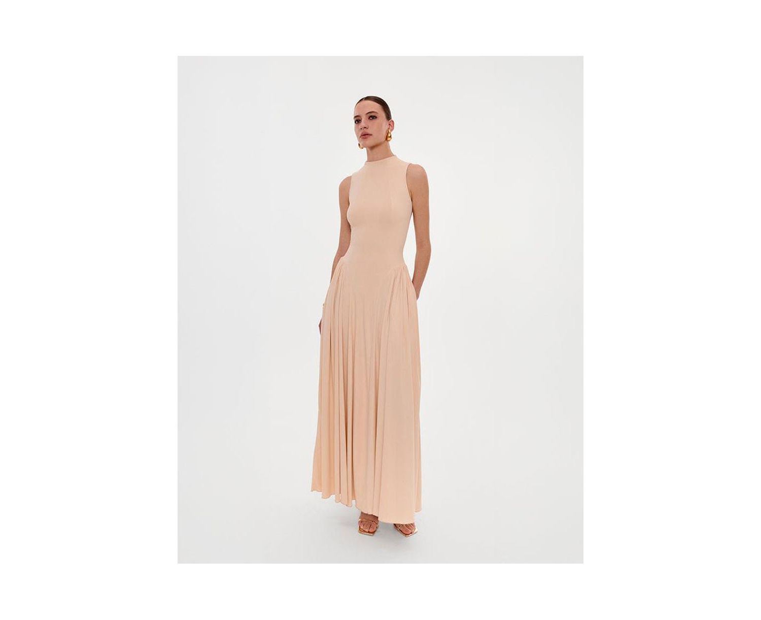 Womens Nude Sleeveless Mock Neck Dress with a Pleated Maxi Skirt