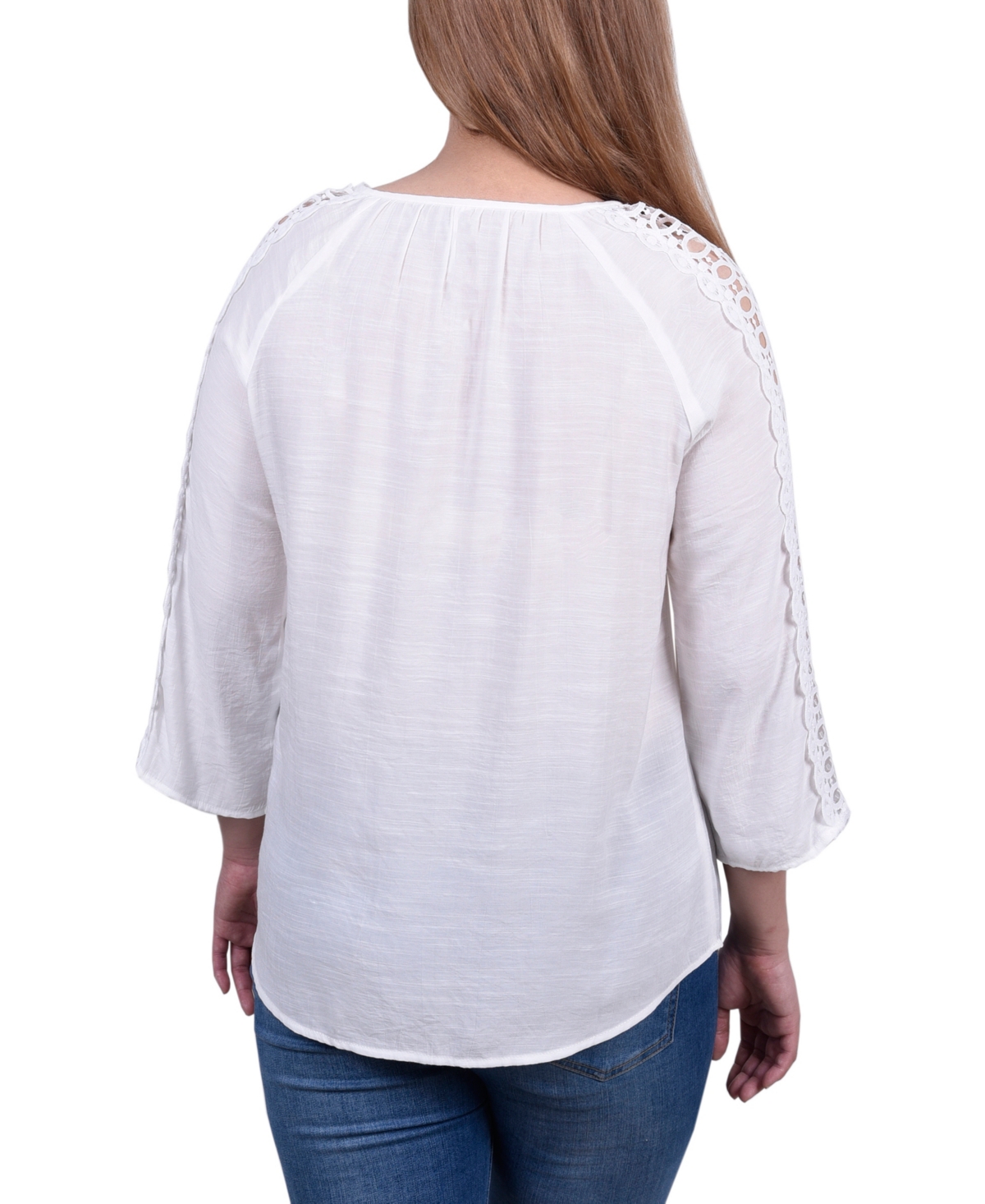Ny Collection Petite 3/4 Sleeve Tunic With Crochet And Tie Neck In White