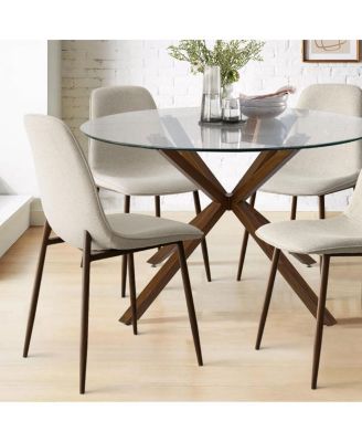 5 Piece Set 39.4 Inch Round Glass Table Upholstered Fabric Chairs Walnut Metal Legs Modern Dining Room Set