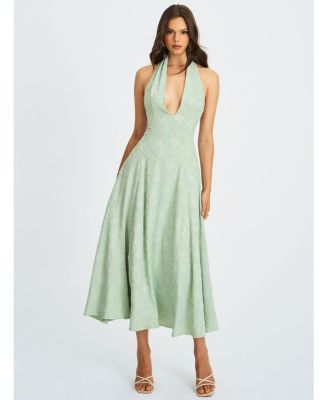 Women Magda Mint Green Deep V Neck Halter A-line Midi Dress