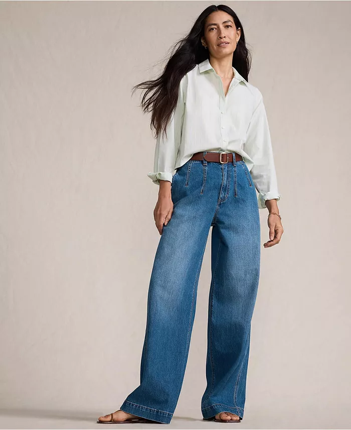 Women's Soft Denim High Rise Wide Leg Top Stitch Trousers - thumbnail 4