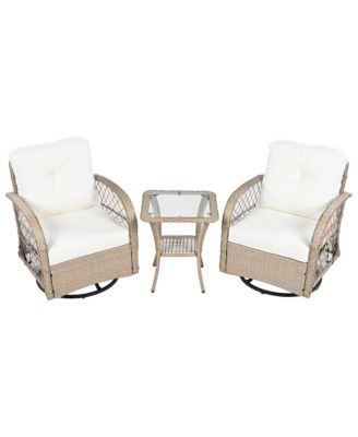3-piece Outdoor Chair&Table Set Chat Set 2-person Rattan Seating Group with Two Two Swiveling and Rocking Chairs and a Square Table for Garden, Patio, or Balcony, Natural