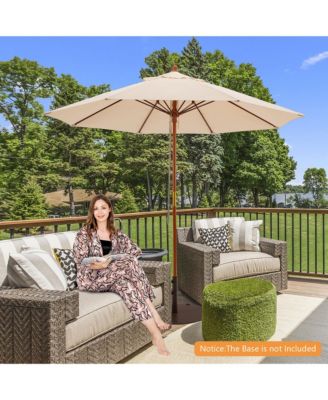 9.5 FT Patio Rope Pulley Wooden Umbrella Market w/Fiberglass Ribs Outdoor