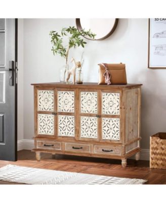 59" Chic Natural Wood Accent Storage Cabinet with 4 Doord 3 drawers