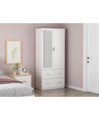 Modern 2-door 2-drawer wardrobe with mirror, bedroom Armoire, Closet