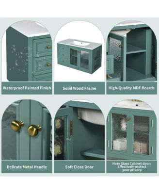 36" Wall Mounted Bathroom Vanity with Ceramic Sink and 3 Drawers, Solid Wood Frame