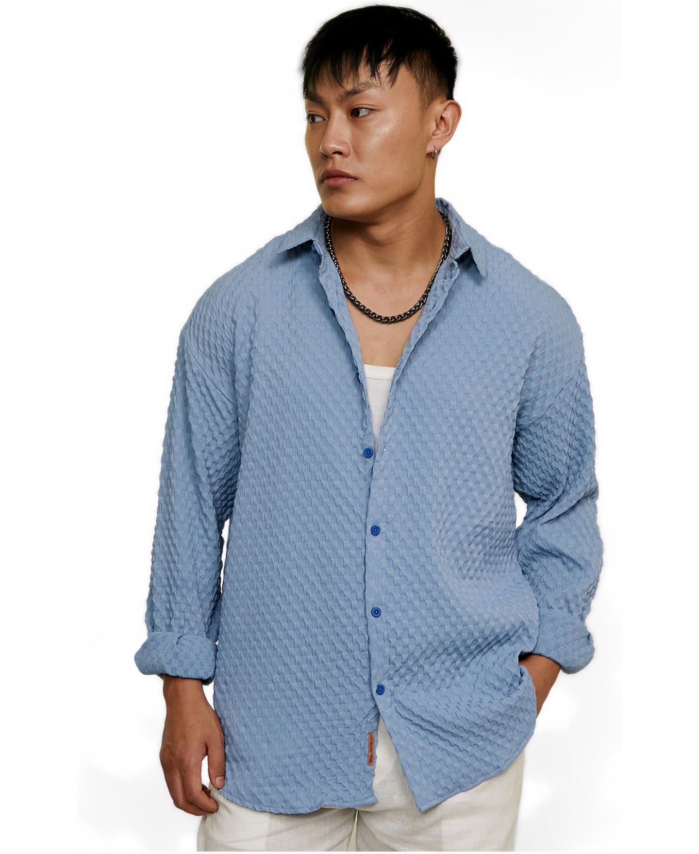 Мужская рубашка Cahoot Campus Sutra Cornflower Blue Cubic-Textured Oversized, цвет: Синий — фото 7