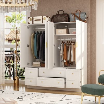 Simple white 4-door 6-drawer wardrobe with large capacity, bedroom Armoire, Closet