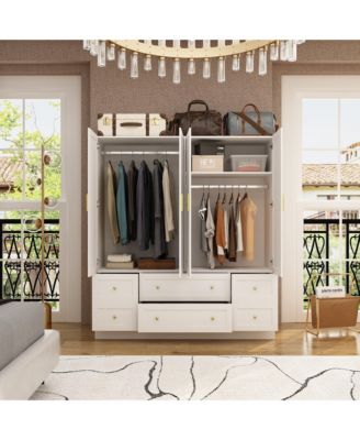 Simple white 4-door 6-drawer wardrobe with large capacity, bedroom Armoire, Closet