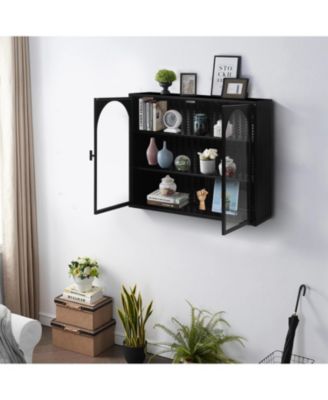 27.56" Two-Door Wall Cabinet With Glass Front and Three-Tier Storage With Woven Detail