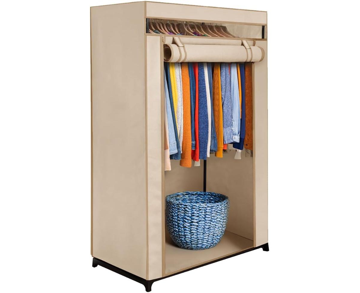 Florida Brands Portable Wardrobe Closet - Premium Metal Hanging Rod with Beige Cover- 65 Lb. Weight Capacity- Super Easy Assembly, No Tools Required