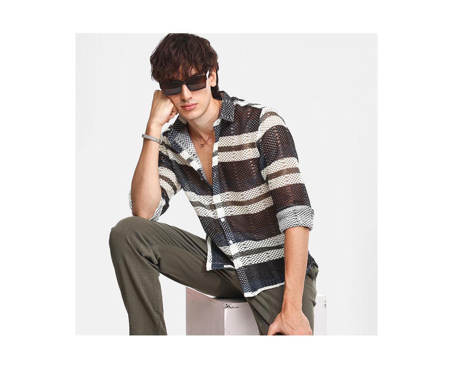 Men's Navy Blue Contrast Panel Knit Shirt