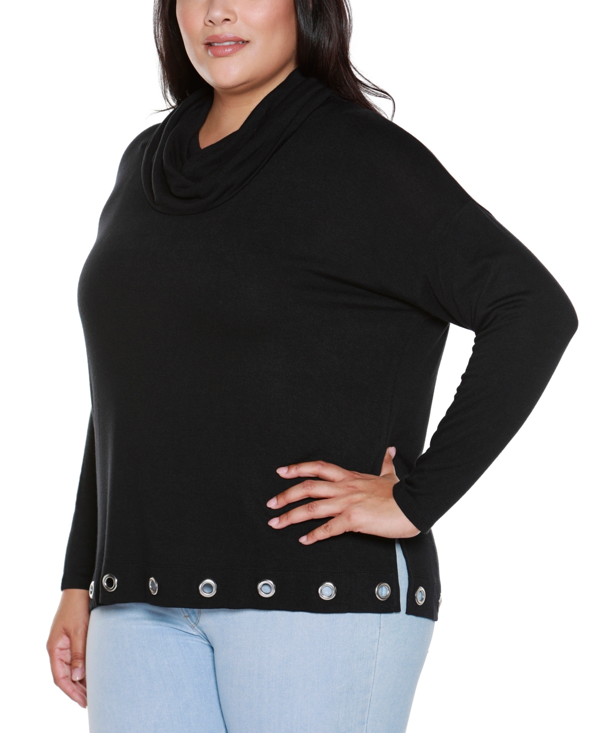 Belldini Plus Size Hacci Cowl Neck Knit Top In Black
