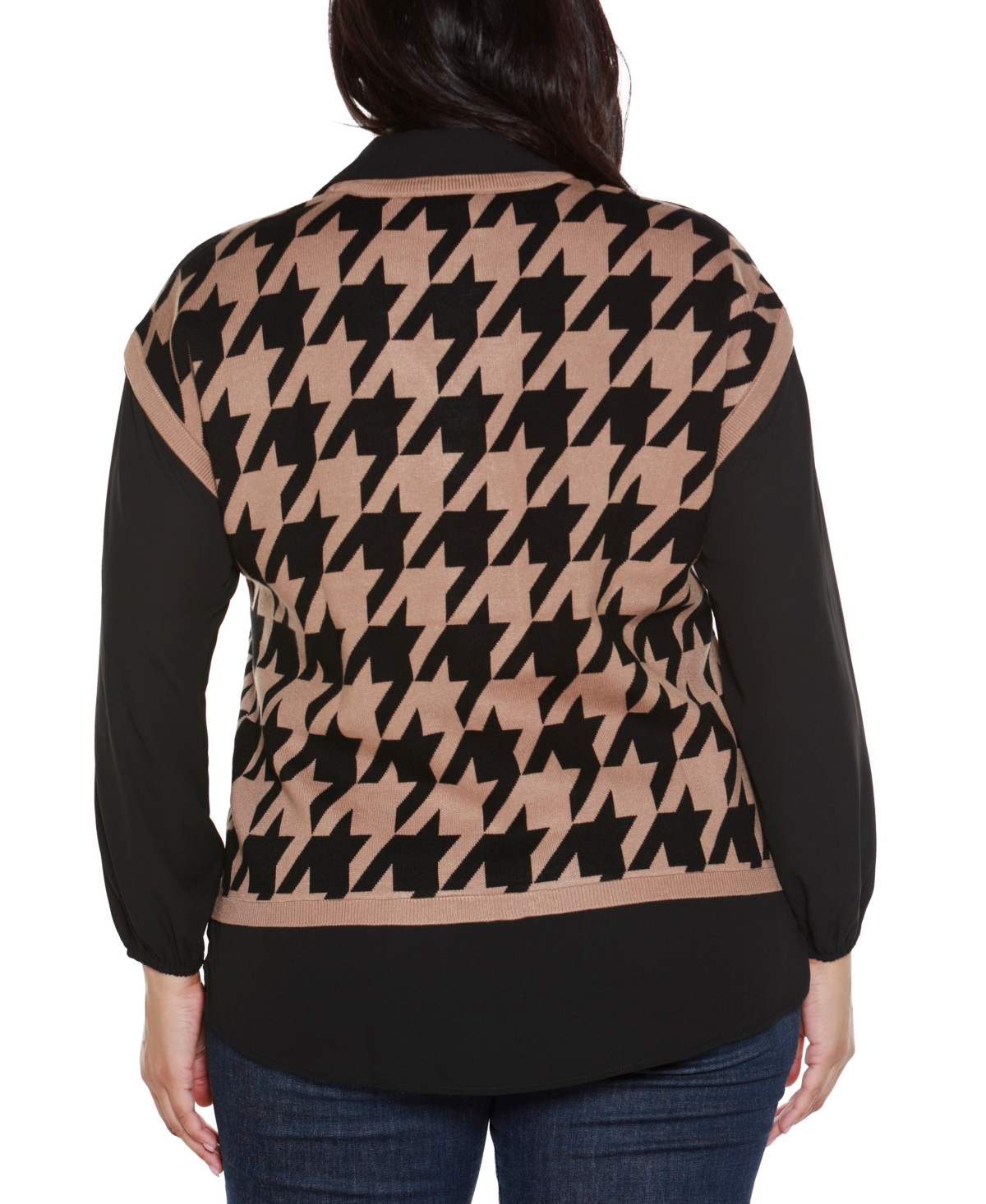 Belldini Plus Size Houndstooth Two-fer Sweater In Brown