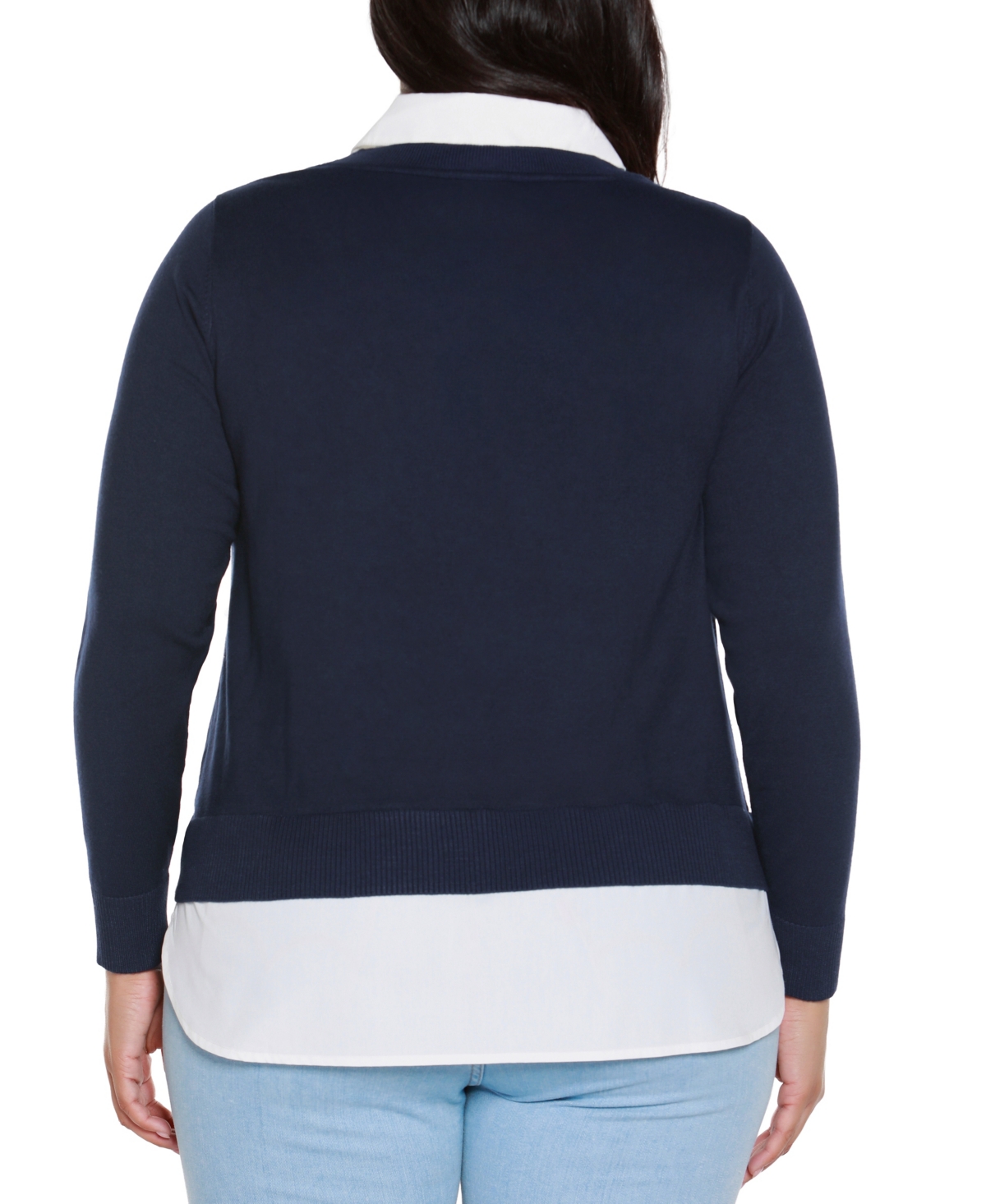 Belldini Plus Size Rhinestone-neckline Two-fer Sweater In Blue