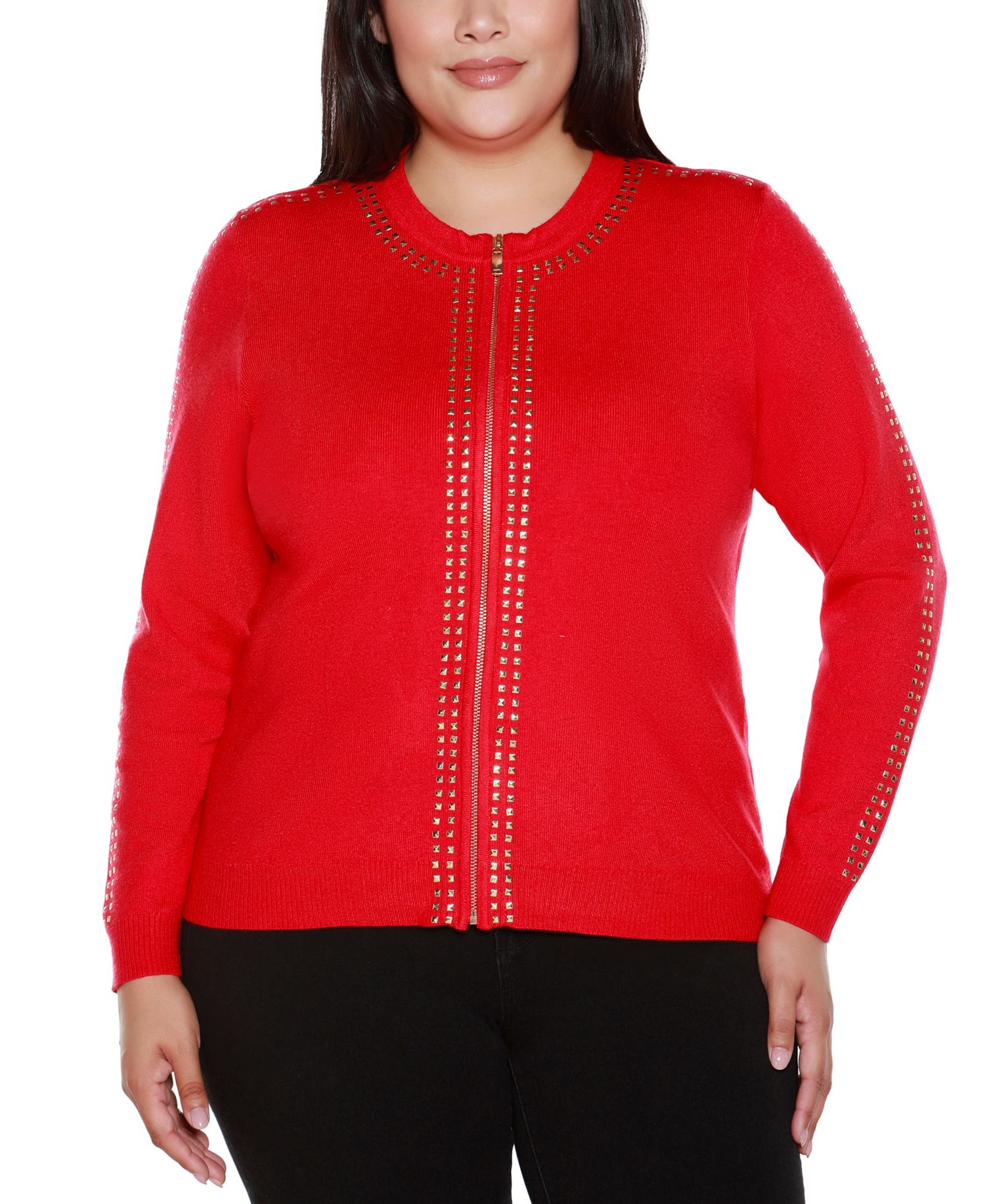 Black Label Plus Size Crewneck Embellished Zip Cardigan Sweater