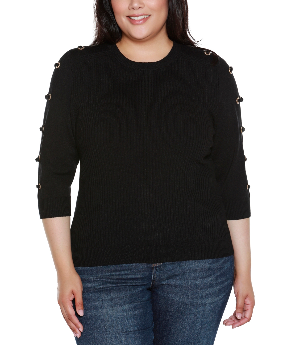 Belldini Plus Size Grommet-trim Ribbed Sweater In Black