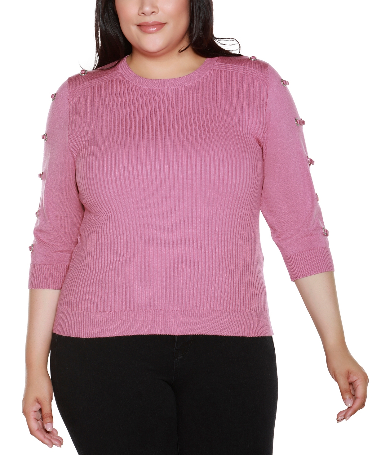 Belldini Plus Size Grommet-trim Ribbed Sweater In Pink