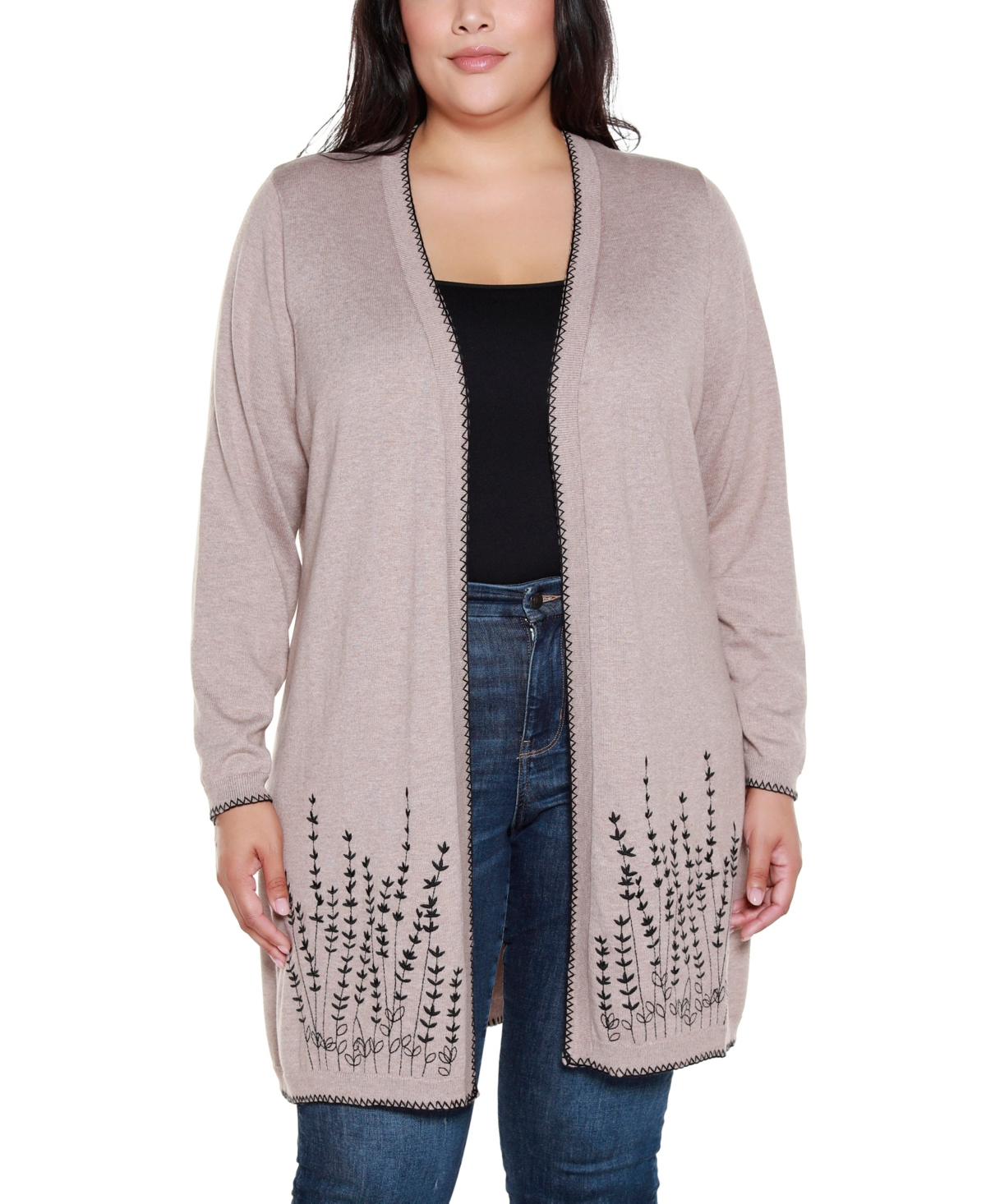 Belldini Plus Embroidered Open-Front Cardigan Sweater